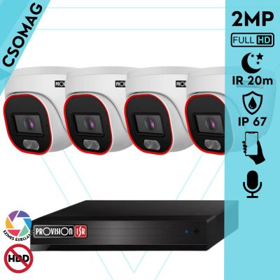 Provision 4 dome kamerás IP megfigyelőrendszer 2MP HD dome biztonsági kamera, 2.8 mm-es fix objektívvel, hibrid világítással, PoE, beépített mikrofonnal, IR 20m, kültéri