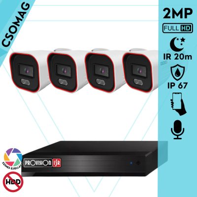 Provision 4 cső kamerás IP megfigyelőrendszer 2MP HD cső biztonsági kamera, 2.8 mm-es fix objektívvel, hibrid világítással, PoE, beépített mikrofonnal, IR 20m, kültéri