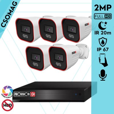 Provision 5 cső kamerás IP megfigyelőrendszer 2MP HD cső biztonsági kamera, 2.8 mm-es fix objektívvel, hibrid világítással, PoE, beépített mikrofonnal, IR 20m, kültéri