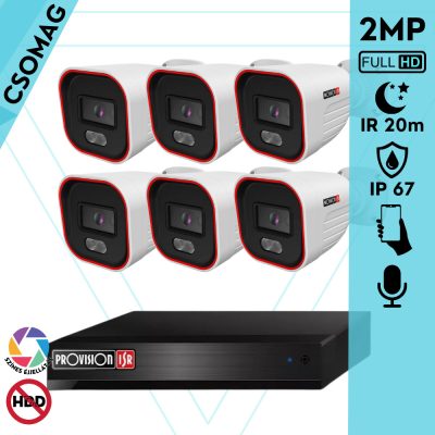 Provision 6 cső kamerás IP megfigyelőrendszer 2MP HD cső biztonsági kamera, 2.8 mm-es fix objektívvel, hibrid világítással, PoE, beépített mikrofonnal, IR 20m, kültéri