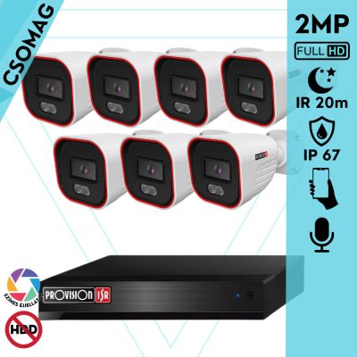 Provision 7 cső kamerás IP megfigyelőrendszer 2MP HD cső biztonsági kamera, 2.8 mm-es fix objektívvel, hibrid világítással, PoE, beépített mikrofonnal, IR 20m, kültéri