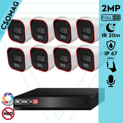 Provision 8 cső kamerás IP megfigyelőrendszer 2MP HD cső biztonsági kamera, 2.8 mm-es fix objektívvel, hibrid világítással, PoE, beépített mikrofonnal, IR 20m, kültéri