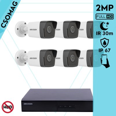 Hikvision 6 cső kamerás IP megfigyelőrendszer 2MP HD cső biztonsági kamera, 2.8 mm-es fix objektívvel, PoE, beépített mikrofonnal, IR LED 30m, kültéri, fém ház