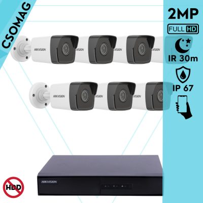 Hikvision 7 cső kamerás IP megfigyelőrendszer 2MP HD cső biztonsági kamera, 2.8 mm-es fix objektívvel, PoE, beépített mikrofonnal, IR LED 30m, kültéri, fém ház