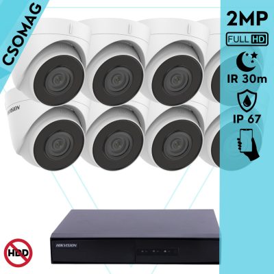 Hikvision 8 turret kamerás IP megfigyelőrendszer 2MP HD turret biztonsági kamera, 2.8 mm-es fix objektívvel, PoE, beépített mikrofonnal, IR LED 30m, kültéri, fém ház