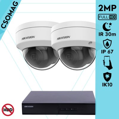 Hikvision 2 dome kamerás IP megfigyelőrendszer 2MP HD dome biztonsági kamera, 2.8 mm-es fix objektívvel, PoE, P2P, kültéri, fém ház, vandálbiztos