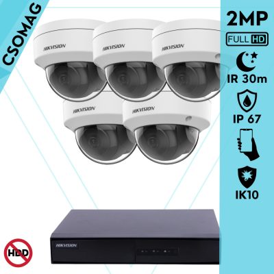 Hikvision 5 dome kamerás IP megfigyelőrendszer 2MP HD dome biztonsági kamera, 2.8 mm-es fix objektívvel, PoE, P2P, kültéri, fém ház, vandálbiztos
