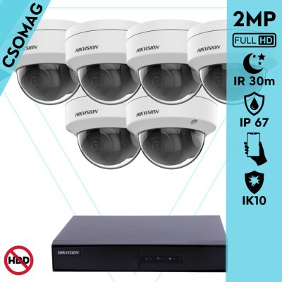 Hikvision 6 dome kamerás IP megfigyelőrendszer 2MP HD dome biztonsági kamera, 2.8 mm-es fix objektívvel, PoE, P2P, kültéri, fém ház, vandálbiztos