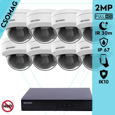 Hikvision 8 dome kamerás IP megfigyelőrendszer 2MP HD dome biztonsági kamera, 2.8 mm-es fix objektívvel, PoE, P2P, kültéri, fém ház, vandálbiztos