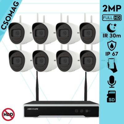 Hikvision 8 cső kamerás WIFI megfigyelőrendszer 2MP cső biztonsági kamera, 4.0 mm-es fix objektívvel, beépített WiFi antennával és mikrofonnal, microSD kártyafoglalat, infravörös éjjellátó, IR 30m, kültéri