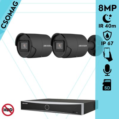 Hikvision 2 cső kamerás IP megfigyelőrendszer 8MP cső biztonsági kamera, AcuSense, 2.8 mm-es fix objektívvel, PoE, IR LED 40m, beépített mikrofonnal, fekete fém ház, kültéri