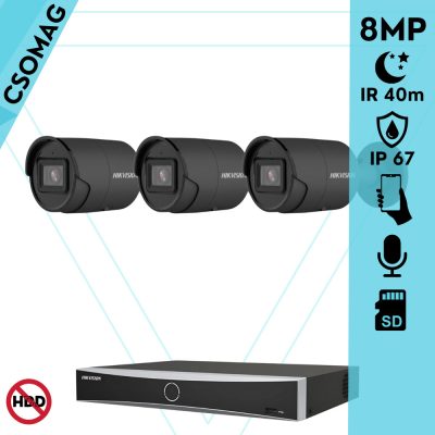 Hikvision 3 cső kamerás IP megfigyelőrendszer 8MP cső biztonsági kamera, AcuSense, 2.8 mm-es fix objektívvel, PoE, IR LED 40m, beépített mikrofonnal, fekete fém ház, kültéri