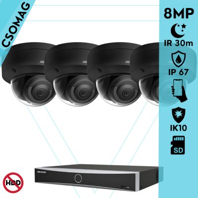Hikvision 4 dome kamerás IP megfigyelőrendszer 8MP dome biztonsági kamera, AcuSense, 2.8 mm-es fix objektívvel, PoE, P2P, IR LED 30m, fekete fém ház, kültéri, IK10 vandálbiztos