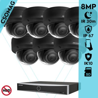 Hikvision 7 dome kamerás IP megfigyelőrendszer 8MP dome biztonsági kamera, AcuSense, 2.8 mm-es fix objektívvel, PoE, P2P, IR LED 30m, fekete fém ház, kültéri, IK10 vandálbiztos