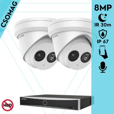 Hikvision 2 turret kamerás IP megfigyelőrendszer 8MP turret biztonsági kamera, 2.8 mm-es fix objektívvel, PoE, IR LED 30m, beépített mikrofonnal, fém ház, kültéri