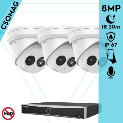 Hikvision 3 turret kamerás IP megfigyelőrendszer 8MP turret biztonsági kamera, 2.8 mm-es fix objektívvel, PoE, IR LED 30m, beépített mikrofonnal, fém ház, kültéri