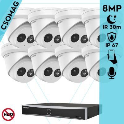 Hikvision 8 turret kamerás IP megfigyelőrendszer 8MP turret biztonsági kamera, 2.8 mm-es fix objektívvel, PoE, IR LED 30m, beépített mikrofonnal, fém ház, kültéri