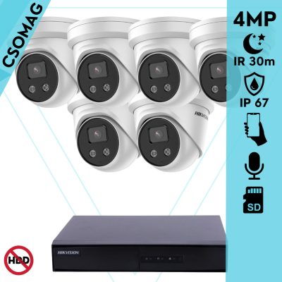 Hikvision 6 turret kamerás IP megfigyelőrendszer 4MP turret biztonsági kamera, 2.8 mm-es fix objektívvel, beépített mikrofon, microSD, valós WDR, PoE, P2P, IR LED 30m, fém ház, kültéri