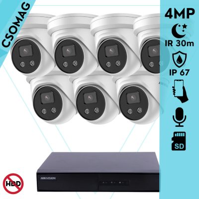 Hikvision 7 turret kamerás IP megfigyelőrendszer 4MP turret biztonsági kamera, 2.8 mm-es fix objektívvel, beépített mikrofon, microSD, valós WDR, PoE, P2P, IR LED 30m, fém ház, kültéri