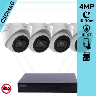 Hikvision 4 turret kamerás IP megfigyelőrendszer 4MP turret biztonsági kamera, 2.8 - 12 mm varifokális objektív, hang I/O, riasztás I/O, Valós WDR, microSD, PoE, P2P, IR LED 30m, fém ház, kültéri