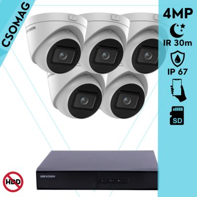 Hikvision 5 turret kamerás IP megfigyelőrendszer 4MP turret biztonsági kamera, 2.8 - 12 mm varifokális objektív, hang I/O, riasztás I/O, Valós WDR, microSD, PoE, P2P, IR LED 30m, fém ház, kültéri