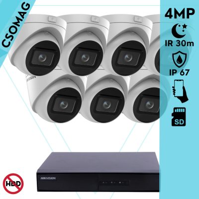 Hikvision 7 turret kamerás IP megfigyelőrendszer 4MP turret biztonsági kamera, 2.8 - 12 mm varifokális objektív, hang I/O, riasztás I/O, Valós WDR, microSD, PoE, P2P, IR LED 30m, fém ház, kültéri