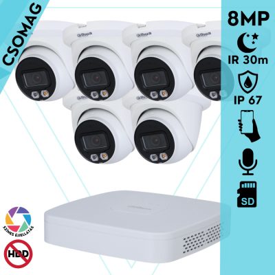 Dahua 6 turret kamerás IP megfigyelőrendszer 8MP turret biztonsági kamera, 2.8 mm-es fix objektívvel, PoE, microSD kártyafoglalat, hibrid megvilágítással, fém ház, kültéri