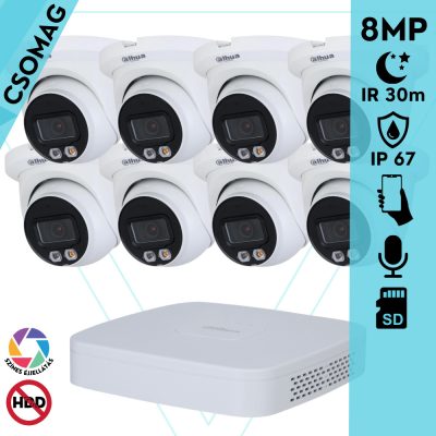 Dahua 8 turret kamerás IP megfigyelőrendszer 8MP turret biztonsági kamera, 2.8 mm-es fix objektívvel, PoE, microSD kártyafoglalat, hibrid megvilágítással, fém ház, kültéri
