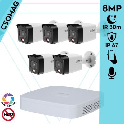 Dahua 5 cső kamerás IP megfigyelőrendszer 8MP cső biztonsági kamera, 2.8 mm-es fix objektívvel, PoE, beépített mikrofonnal, hibrid megvilágítással, fém ház, kültéri