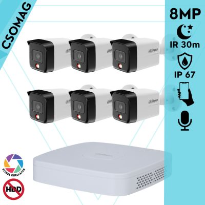 Dahua 6 cső kamerás IP megfigyelőrendszer 8MP cső biztonsági kamera, 2.8 mm-es fix objektívvel, PoE, beépített mikrofonnal, hibrid megvilágítással, fém ház, kültéri