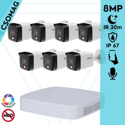 Dahua 7 cső kamerás IP megfigyelőrendszer 8MP cső biztonsági kamera, 2.8 mm-es fix objektívvel, PoE, beépített mikrofonnal, hibrid megvilágítással, fém ház, kültéri