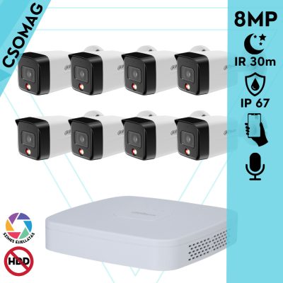 Dahua 8 cső kamerás IP megfigyelőrendszer 8MP cső biztonsági kamera, 2.8 mm-es fix objektívvel, PoE, beépített mikrofonnal, hibrid megvilágítással, fém ház, kültéri