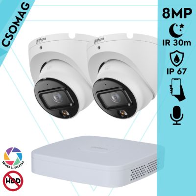 Dahua 2 turret kamerás IP megfigyelőrendszer 8MP turret biztonsági kamera, 2.8 mm-es fix objektívvel, PoE, beépített mikrofonnal, hibrid megvilágítással, fém ház, kültéri