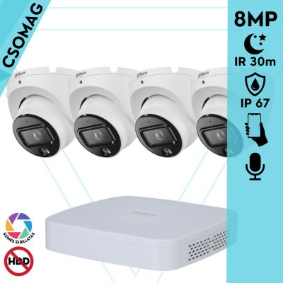 Dahua 4 turret kamerás IP megfigyelőrendszer 8MP turret biztonsági kamera, 2.8 mm-es fix objektívvel, PoE, beépített mikrofonnal, hibrid megvilágítással, fém ház, kültéri