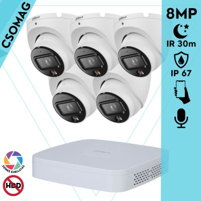 Dahua 5 turret kamerás IP megfigyelőrendszer 8MP turret biztonsági kamera, 2.8 mm-es fix objektívvel, PoE, beépített mikrofonnal, hibrid megvilágítással, fém ház, kültéri