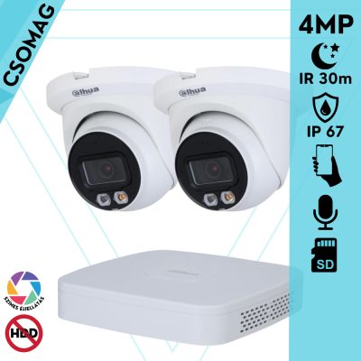 Dahua 2 turret kamerás IP megfigyelőrendszer 4MP turret biztonsági kamera, 2.8 mm-es fix objektívvel, PoE, beépített mikrofonnal, hibrid megvilágítással, fém ház, kültéri