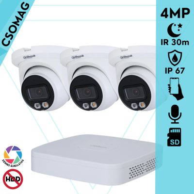 Dahua 3 turret kamerás IP megfigyelőrendszer 4MP turret biztonsági kamera, 2.8 mm-es fix objektívvel, PoE, beépített mikrofonnal, hibrid megvilágítással, fém ház, kültéri