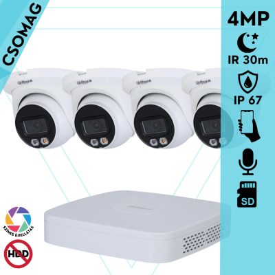 Dahua 4 turret kamerás IP megfigyelőrendszer 4MP turret biztonsági kamera, 2.8 mm-es fix objektívvel, PoE, beépített mikrofonnal, hibrid megvilágítással, fém ház, kültéri