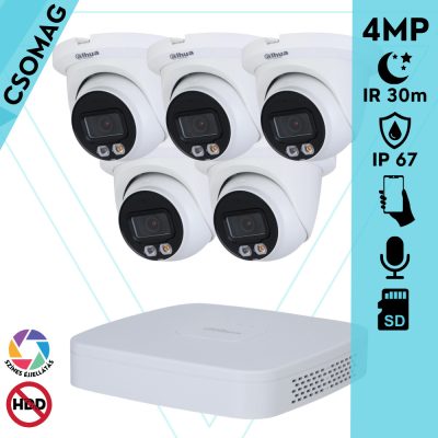 Dahua 5 turret kamerás IP megfigyelőrendszer 4MP turret biztonsági kamera, 2.8 mm-es fix objektívvel, PoE, beépített mikrofonnal, hibrid megvilágítással, fém ház, kültéri