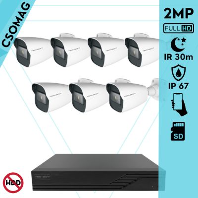 Techson 7 cső kamerás IP megfigyelőrendszer 2MP cső biztonsági kamera, 2.8 mm-es fix objektívvel, SD kártya foglalattal, PoE, IR LED 30m, kültéri, fém ház
