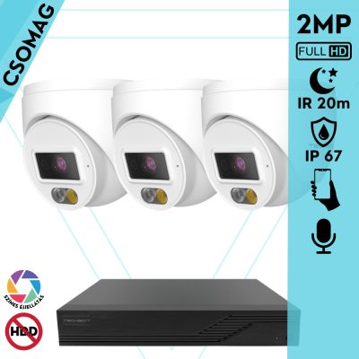 Techson 3 turret kamerás IP megfigyelőrendszer 2MP turret biztonsági kamera, 2.8 mm-es fix objektív, PoE, beépített mikrofonnal, hibrid világítással 20m-ig, kültéri