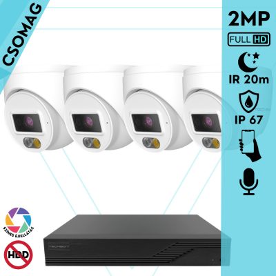 Techson 4 turret kamerás IP megfigyelőrendszer 2MP turret biztonsági kamera, 2.8 mm-es fix objektív, PoE, beépített mikrofonnal, hibrid világítással 20m-ig, kültéri