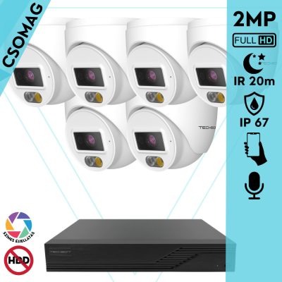 Techson 6 turret kamerás IP megfigyelőrendszer 2MP turret biztonsági kamera, 2.8 mm-es fix objektív, PoE, beépített mikrofonnal, hibrid világítással 20m-ig, kültéri