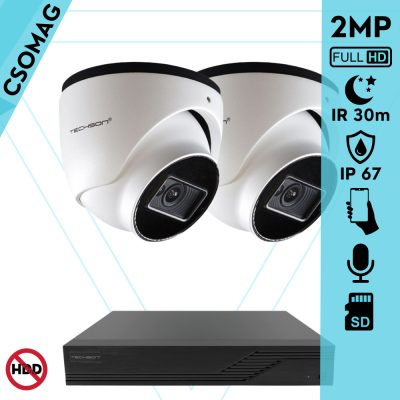 Techson 2 turret kamerás IP megfigyelőrendszer 2MP turret biztonsági kamera, 2.8 mm-es fix objektívvel, PoE, SD kártya foglalattal, beépített mikrofonnal, IR LED 30m, kültéri, fém ház