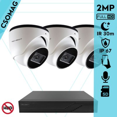 Techson 3 turret kamerás IP megfigyelőrendszer 2MP turret biztonsági kamera, 2.8 mm-es fix objektívvel, PoE, SD kártya foglalattal, beépített mikrofonnal, IR LED 30m, kültéri, fém ház