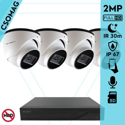 Techson 4 turret kamerás IP megfigyelőrendszer 2MP turret biztonsági kamera, 2.8 mm-es fix objektívvel, PoE, SD kártya foglalattal, beépített mikrofonnal, IR LED 30m, kültéri, fém ház