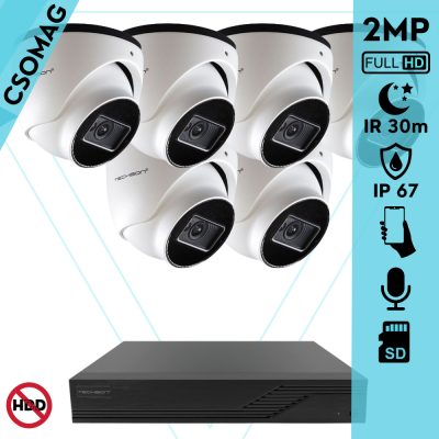 Techson 6 turret kamerás IP megfigyelőrendszer 2MP turret biztonsági kamera, 2.8 mm-es fix objektívvel, PoE, SD kártya foglalattal, beépített mikrofonnal, IR LED 30m, kültéri, fém ház