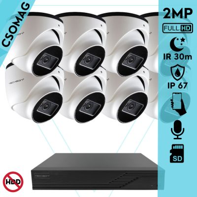 Techson 8 turret kamerás IP megfigyelőrendszer 2MP turret biztonsági kamera, 2.8 mm-es fix objektívvel, PoE, SD kártya foglalattal, beépített mikrofonnal, IR LED 30m, kültéri, fém ház