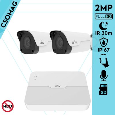 Uniview 2 cső kamerás IP megfigyelőrendszer 2MP biztonsági kamera, 2.8 mm-es fix objektív, SD kártya foglalattal, PoE, beépített mikrofonnal, IR 30, kültéri