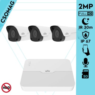 Uniview 3 cső kamerás IP megfigyelőrendszer 2MP biztonsági kamera, 2.8 mm-es fix objektív, SD kártya foglalattal, PoE, beépített mikrofonnal, IR 30, kültéri